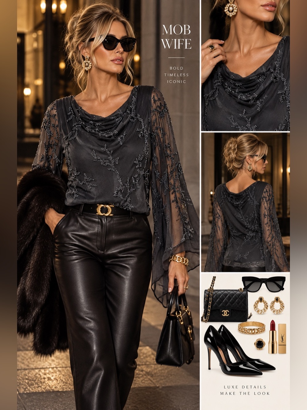 Scala Black Beaded Sheer-Sleeve Satin Gown Top